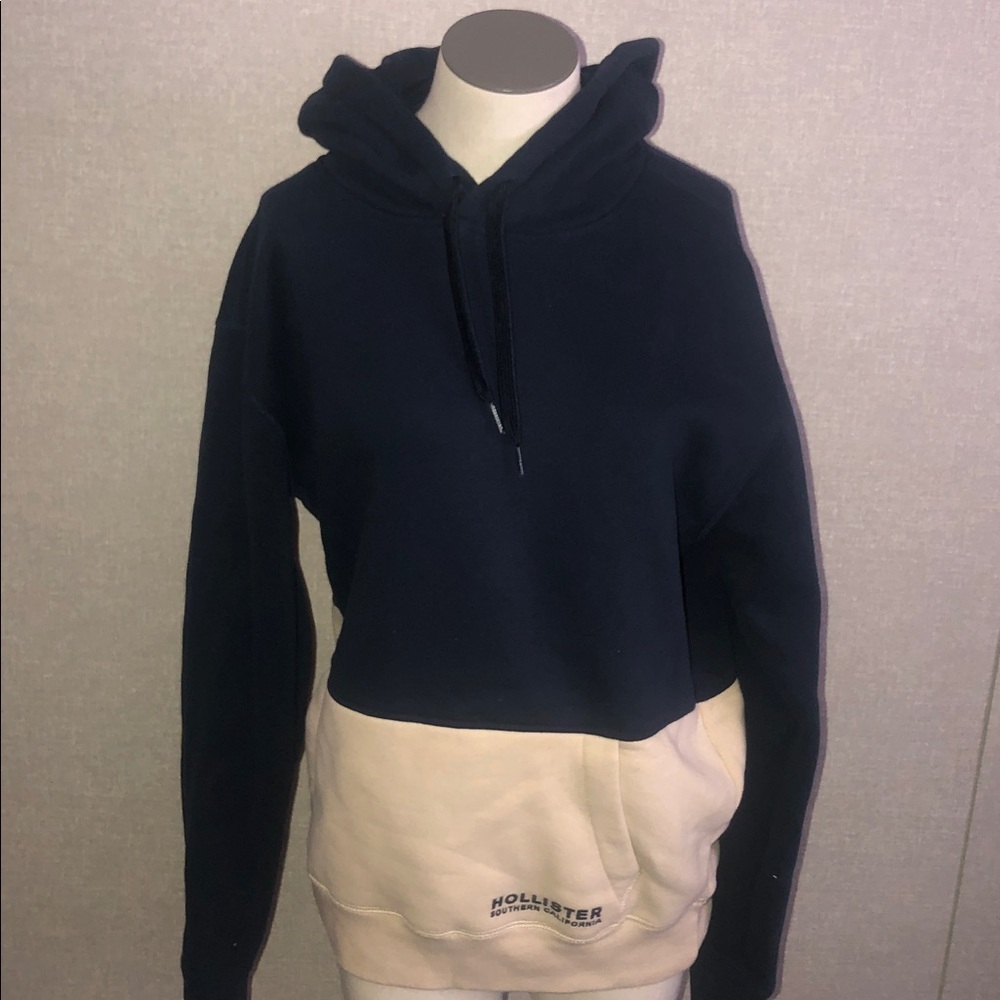 Hollister Color Block Hoodie in Navy Blue and Cream